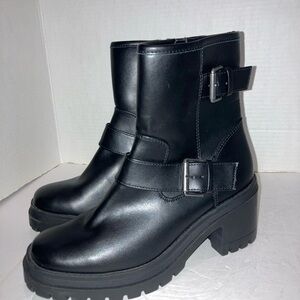 ESPIRIT Womens Black Side Zip Round Toe Lug Sole Chunky Heel Ankle Boots SZ 8